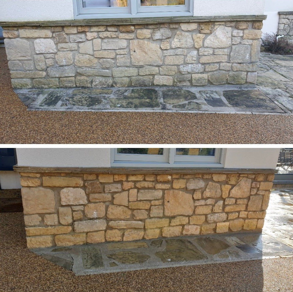 Stone wall before and after monty miracle outdoor cleaner